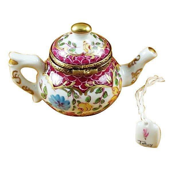 Teapot with Flowers Maroon Scales Porcelain Limoges Porcelain Art Object, view 3