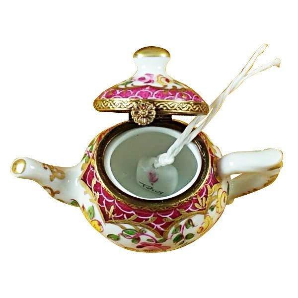 Teapot with Flowers Maroon Scales Porcelain Limoges Porcelain Art Object, view 2