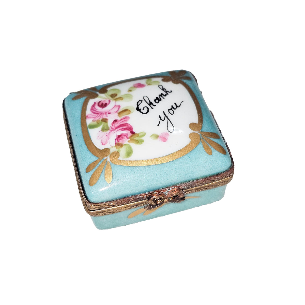 Thank You Light Blue Square Limoges Box, a hand-painted Limoges porcelain gift