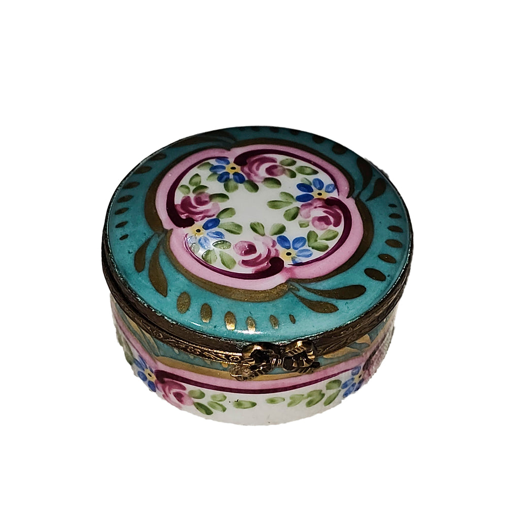 Small Turquois Pink Round Roses Box, a hand-painted Limoges porcelain gift