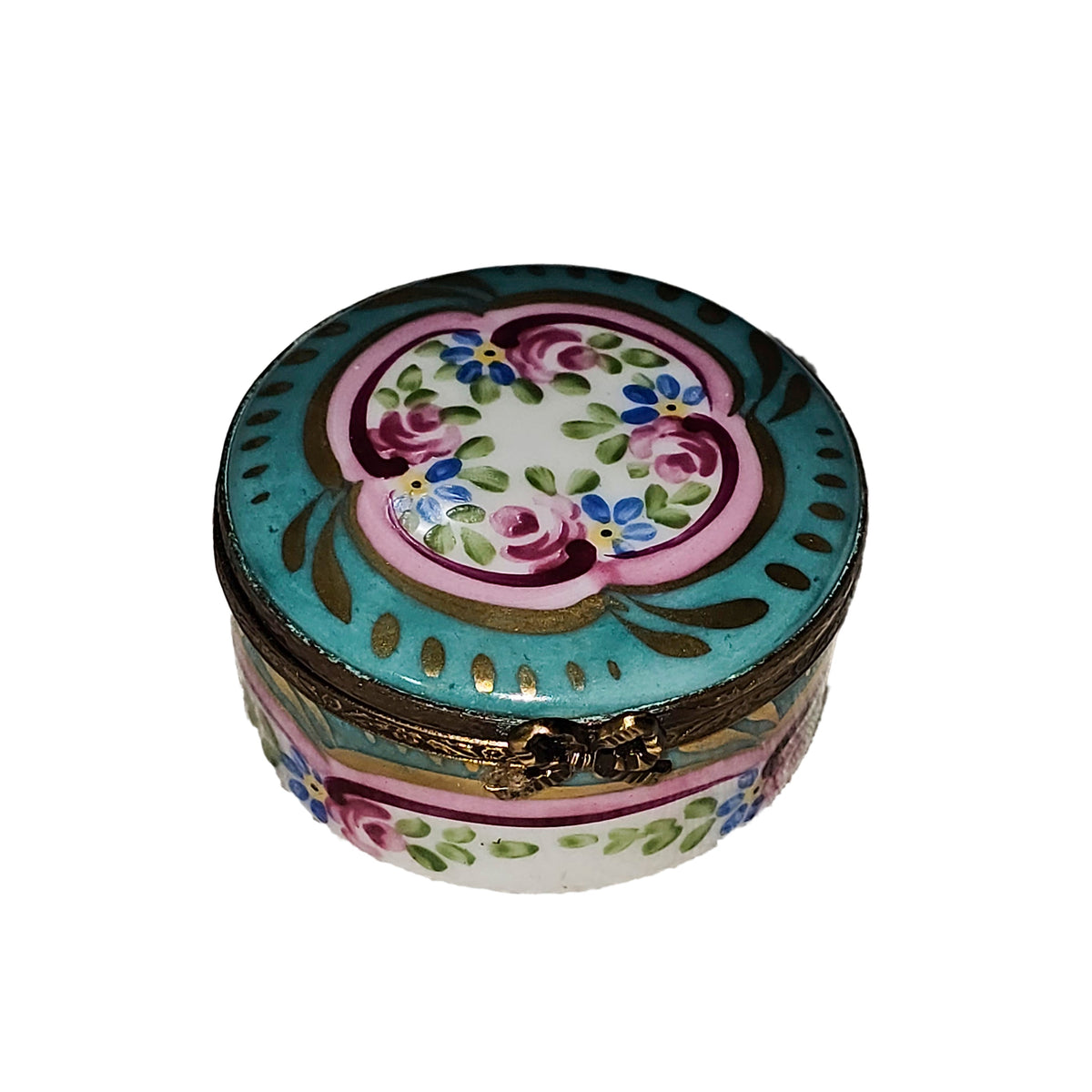 Small Turquois Pink Round Roses Box, a hand-painted Limoges porcelain gift