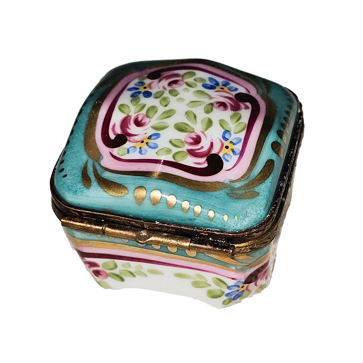 Small Turquoise Pink Flowers Square Limoges Box, view 3