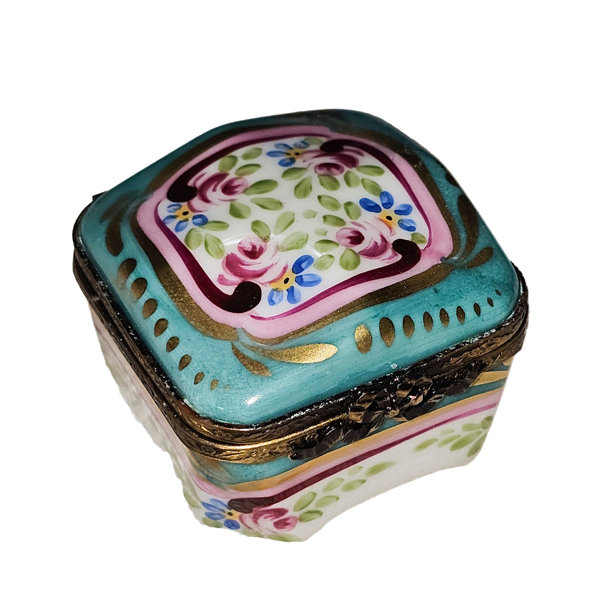 Small Turquoise Pink Flowers Square Limoges Box, a hand-painted Limoges porcelain gift