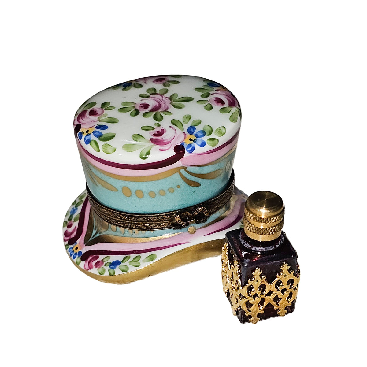 Turquois Top Hat w Perfume Limoges Box, a hand-painted Limoges porcelain gift