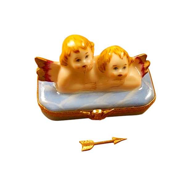 Two Angels on Blue Base with Removable Arrow Limoges Box, a hand-painted Limoges porcelain gift