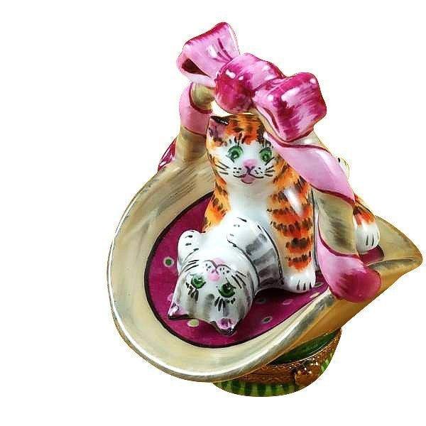 Two Cats in Basket Limoges Box for Cat Fans, a hand-painted Limoges porcelain gift
