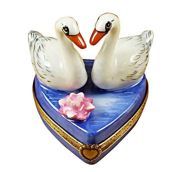 Two Swans on Heart Limoges Box for Romantic Keepsake, a hand-painted Limoges porcelain gift
