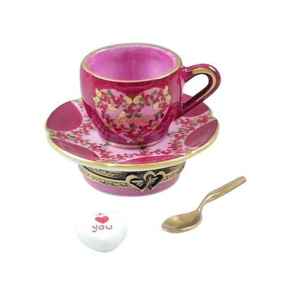 Valentine's Love Tea Cup with Spoon & Heart Limoges Box, a hand-painted Limoges porcelain gift