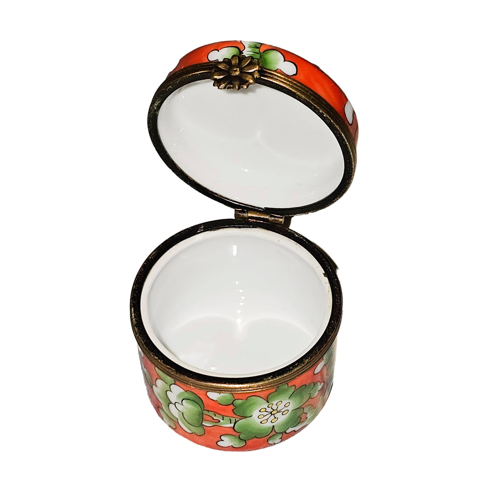 Green Flowers on Orange Round Tall Limoges Box, view 2