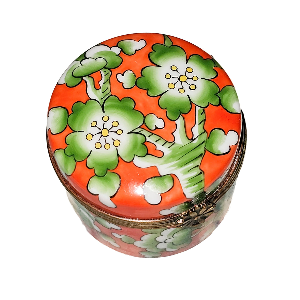 Green Flowers on Orange Round Tall Limoges Box, view 3