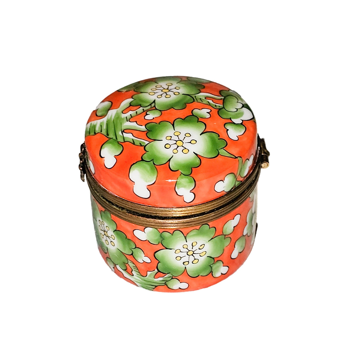 Green Flowers on Orange Round Tall Limoges Box, view 4