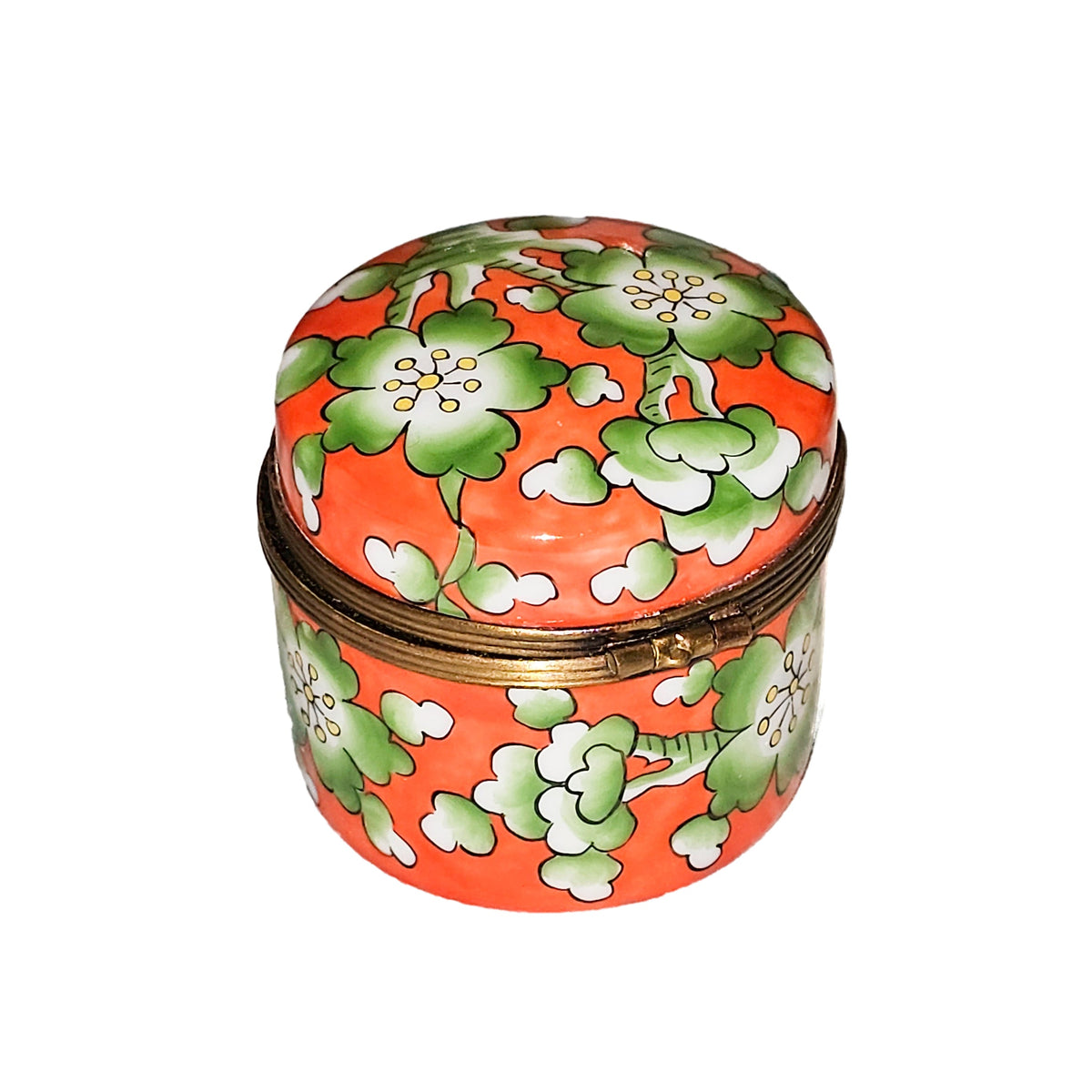 Green Flowers on Orange Round Tall Limoges Box, view 5