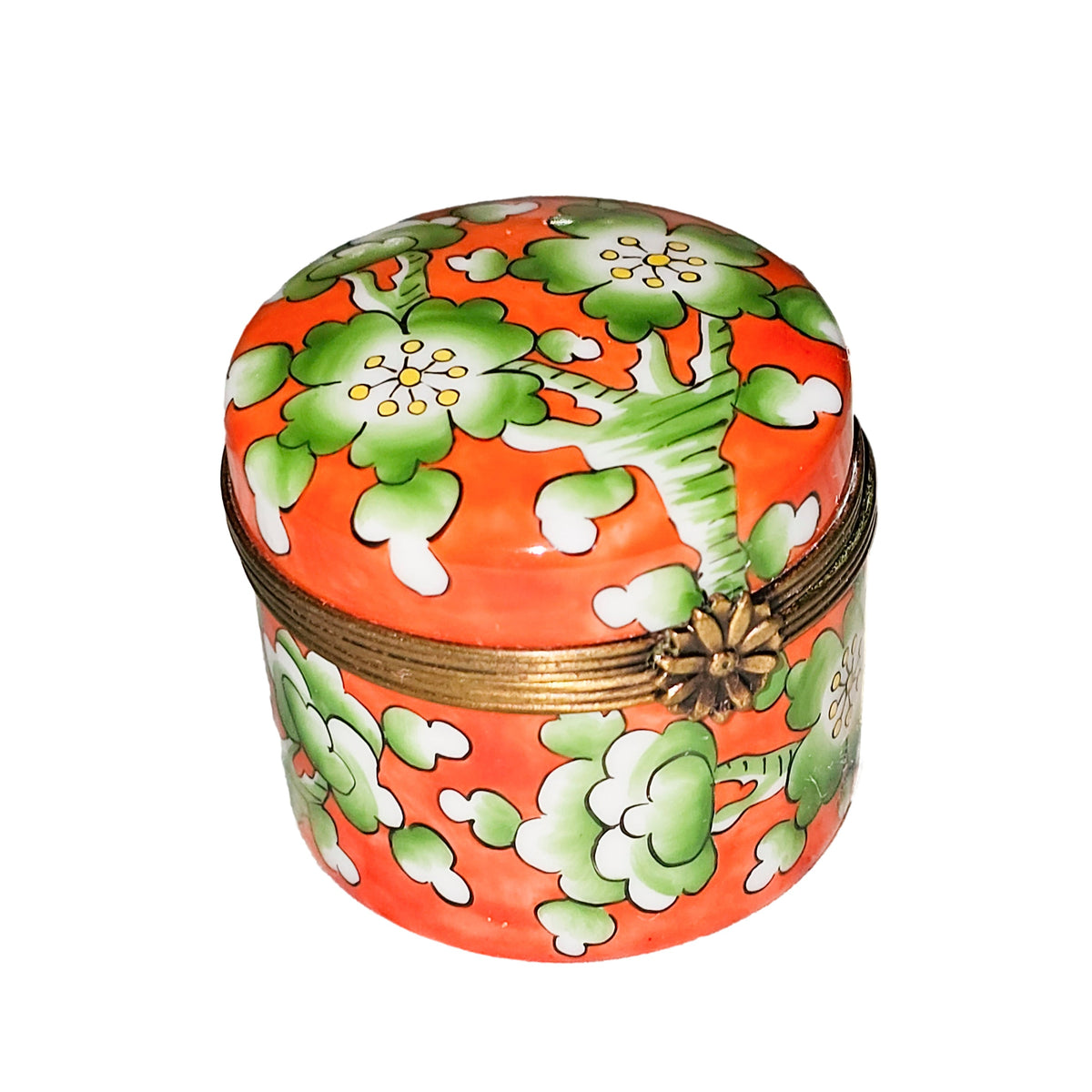 Green Flowers on Orange Round Tall Limoges Box, a hand-painted Limoges porcelain gift