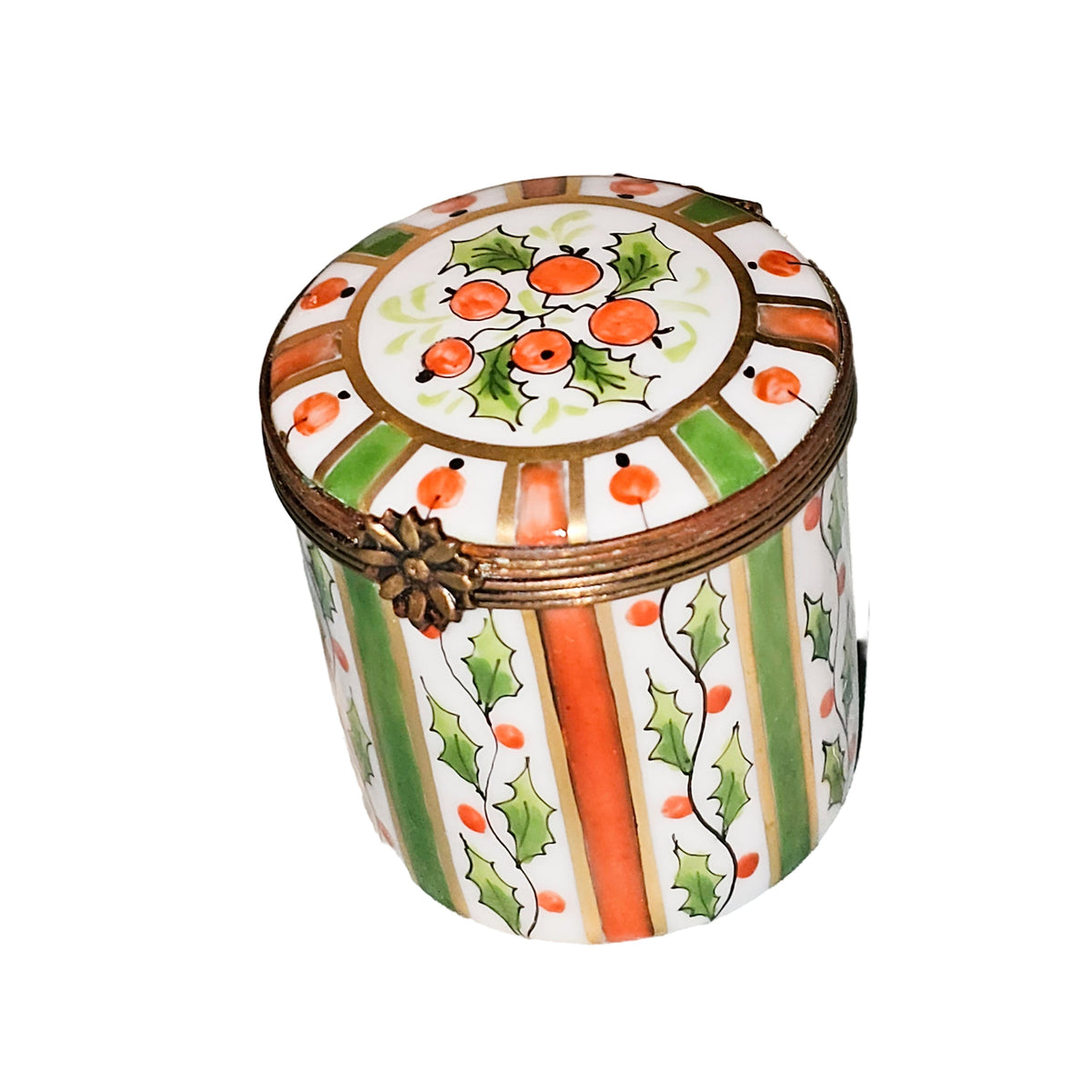 Tall Orange Green Stripes Limoges Box, a hand-painted Limoges porcelain gift