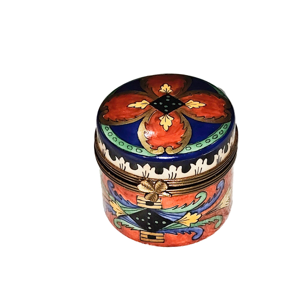 Snazzy Tall Round Design on Dark Blue Limoges Box, a hand-painted Limoges porcelain gift
