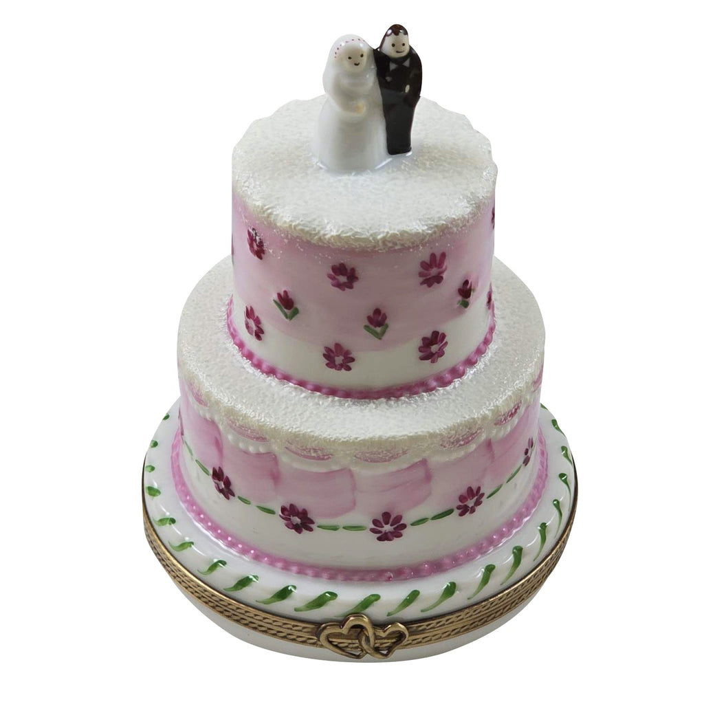 Wedding Couple on Pink White Cake Keepsake Limoges Box, a hand-painted Limoges porcelain gift