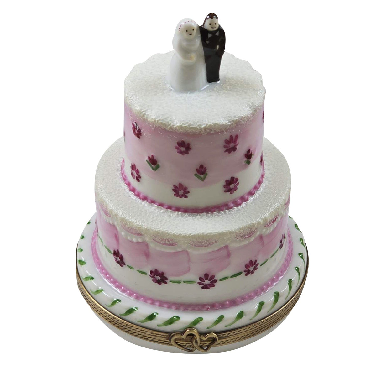 Wedding Couple on Pink White Cake Keepsake Limoges Box, a hand-painted Limoges porcelain gift