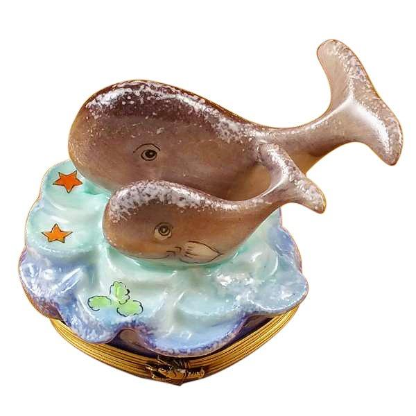 Whale with Baby Limoges Box for Ocean Lovers, a hand-painted Limoges porcelain gift