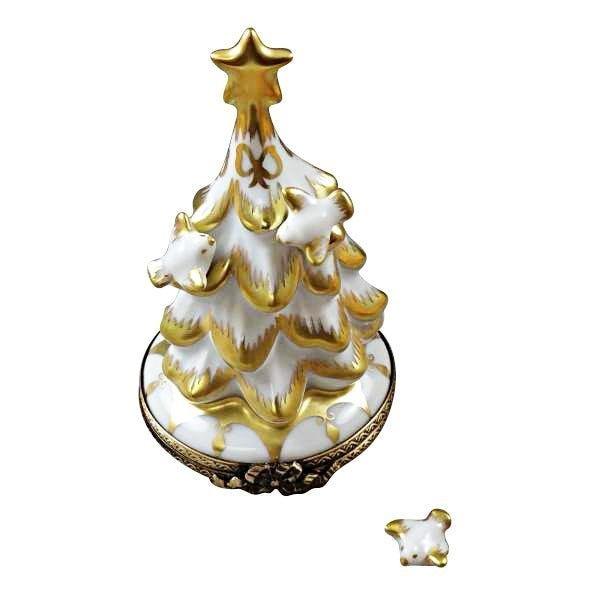 White Gold Christmas Tree Removable Dove Limoges Box, a hand-painted Limoges porcelain gift