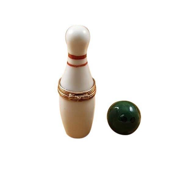White Bowling Pin Limoges Box with Green Removable Ball, view 2