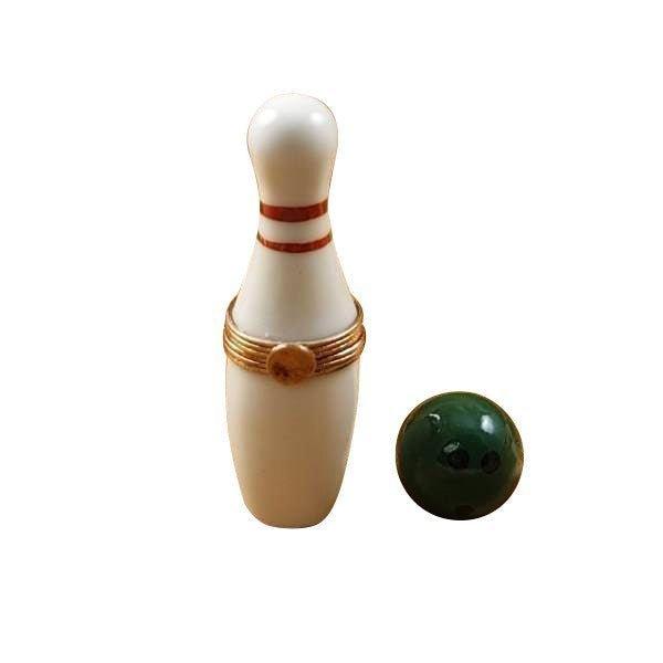 White Bowling Pin Limoges Box with Green Removable Ball, a hand-painted Limoges porcelain gift