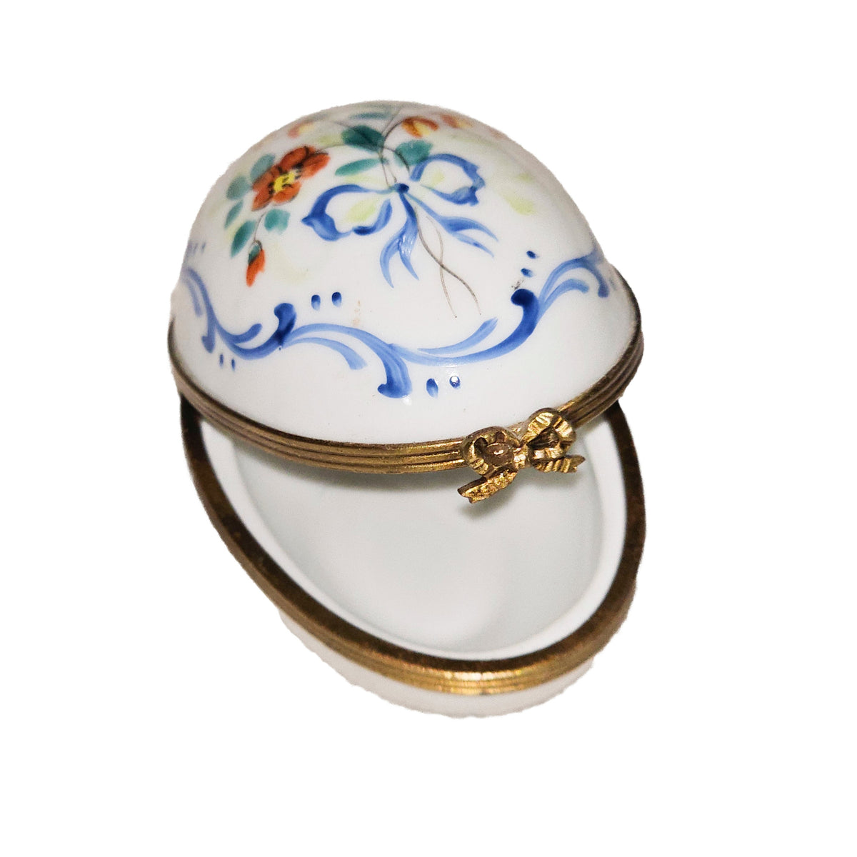 White Egg Blue Ribbon Flowers Limoges Porcelain Box, view 2