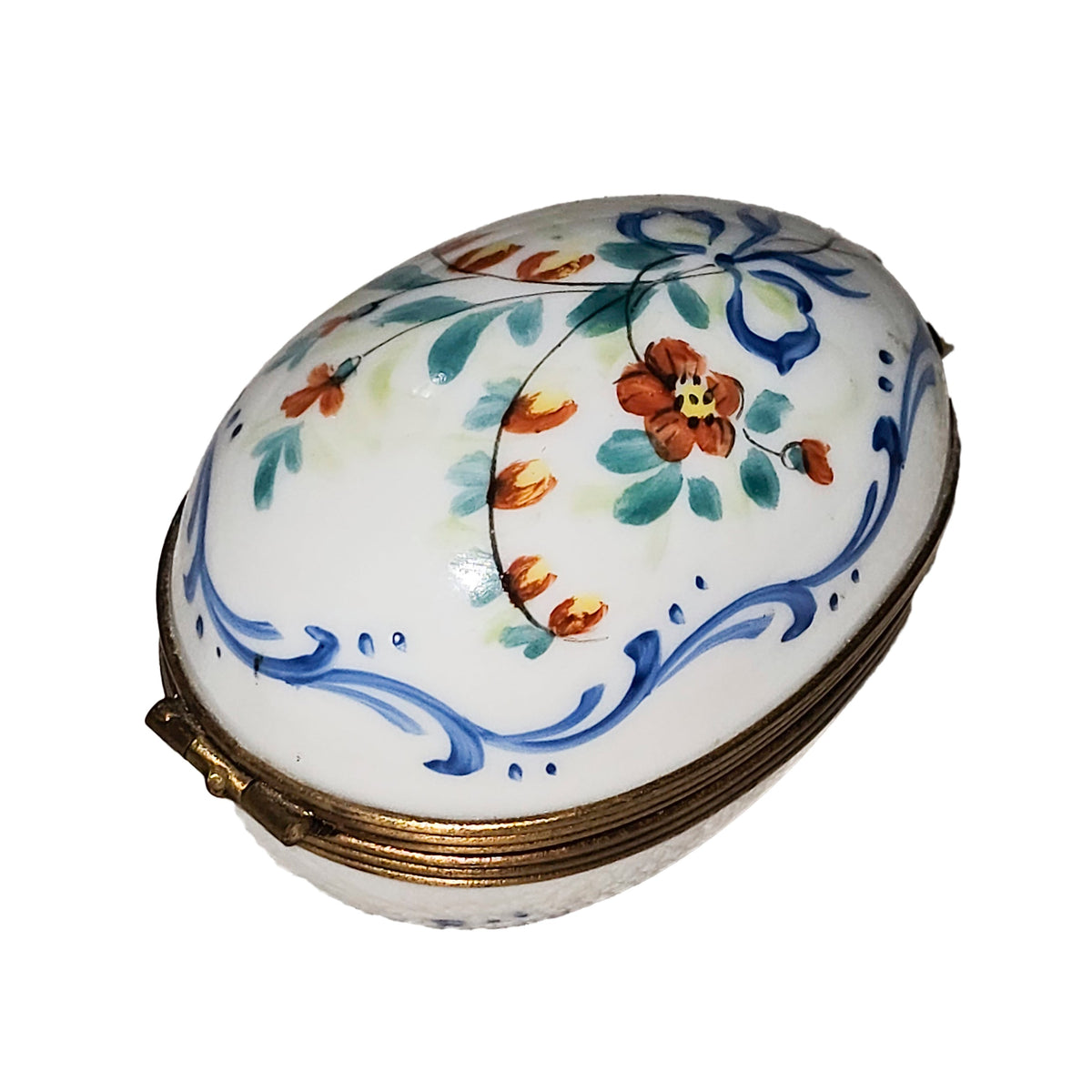 White Egg Blue Ribbon Flowers Limoges Porcelain Box, view 3
