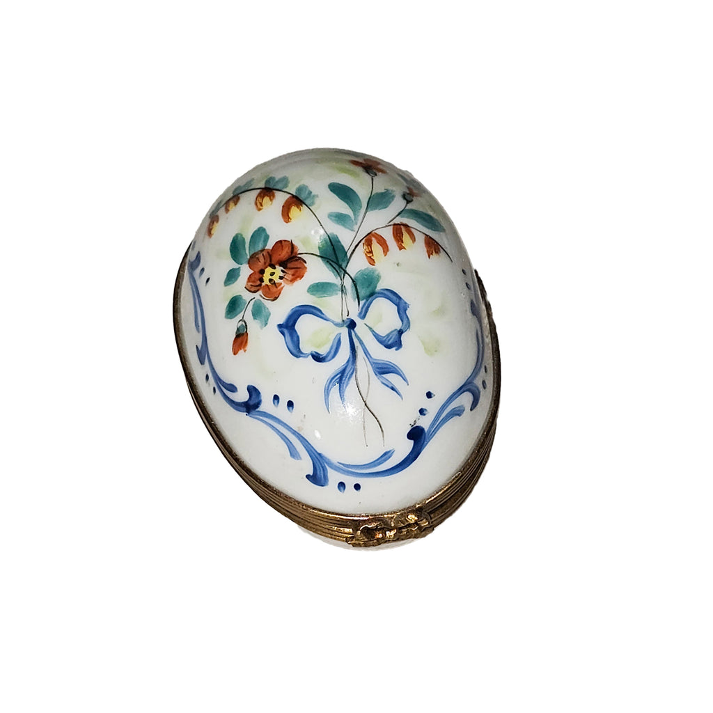 White Egg Blue Ribbon Flowers Limoges Porcelain Box, a hand-painted Limoges porcelain gift