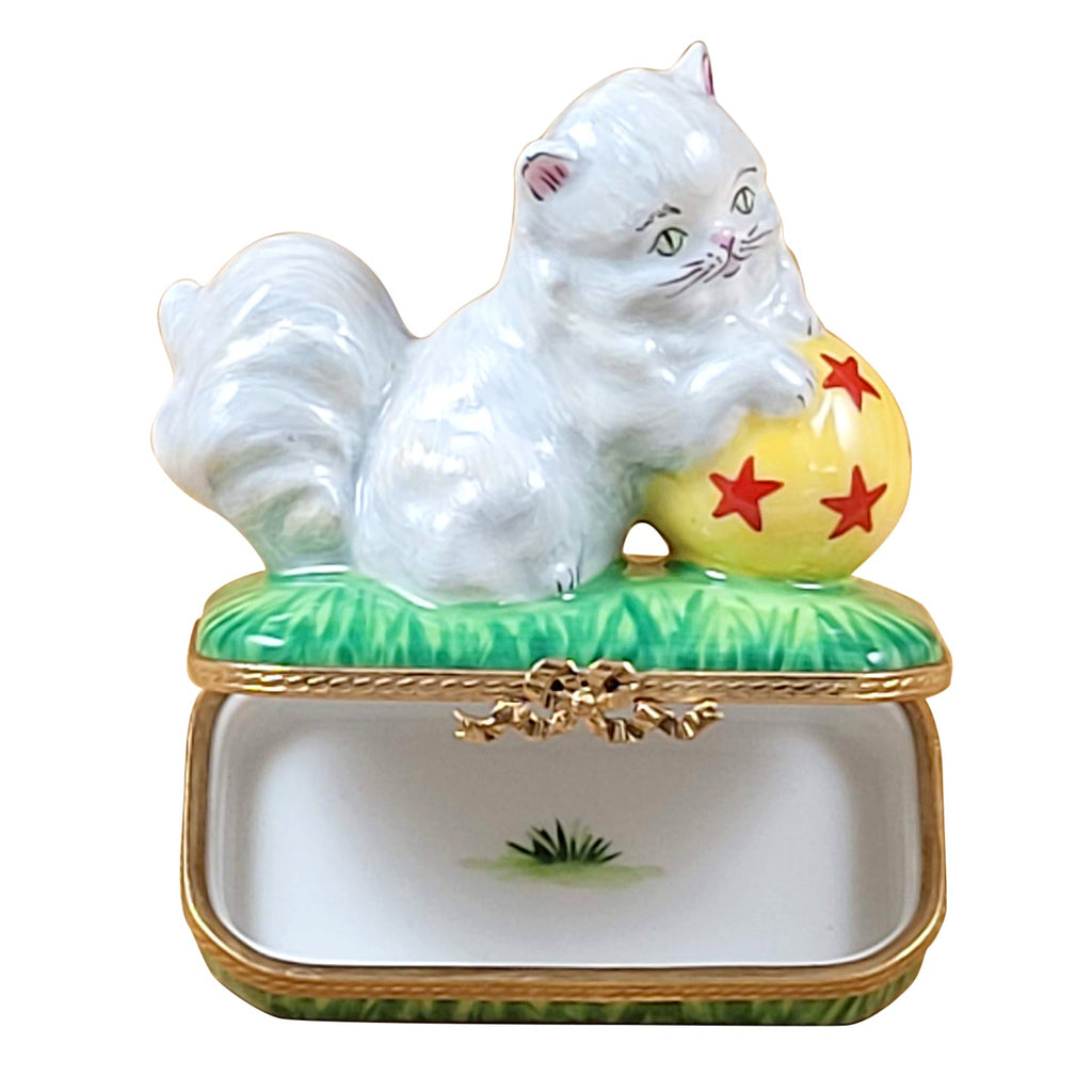 White Persian Cat w Ball Limoges Box for Cat Lovers, view 2
