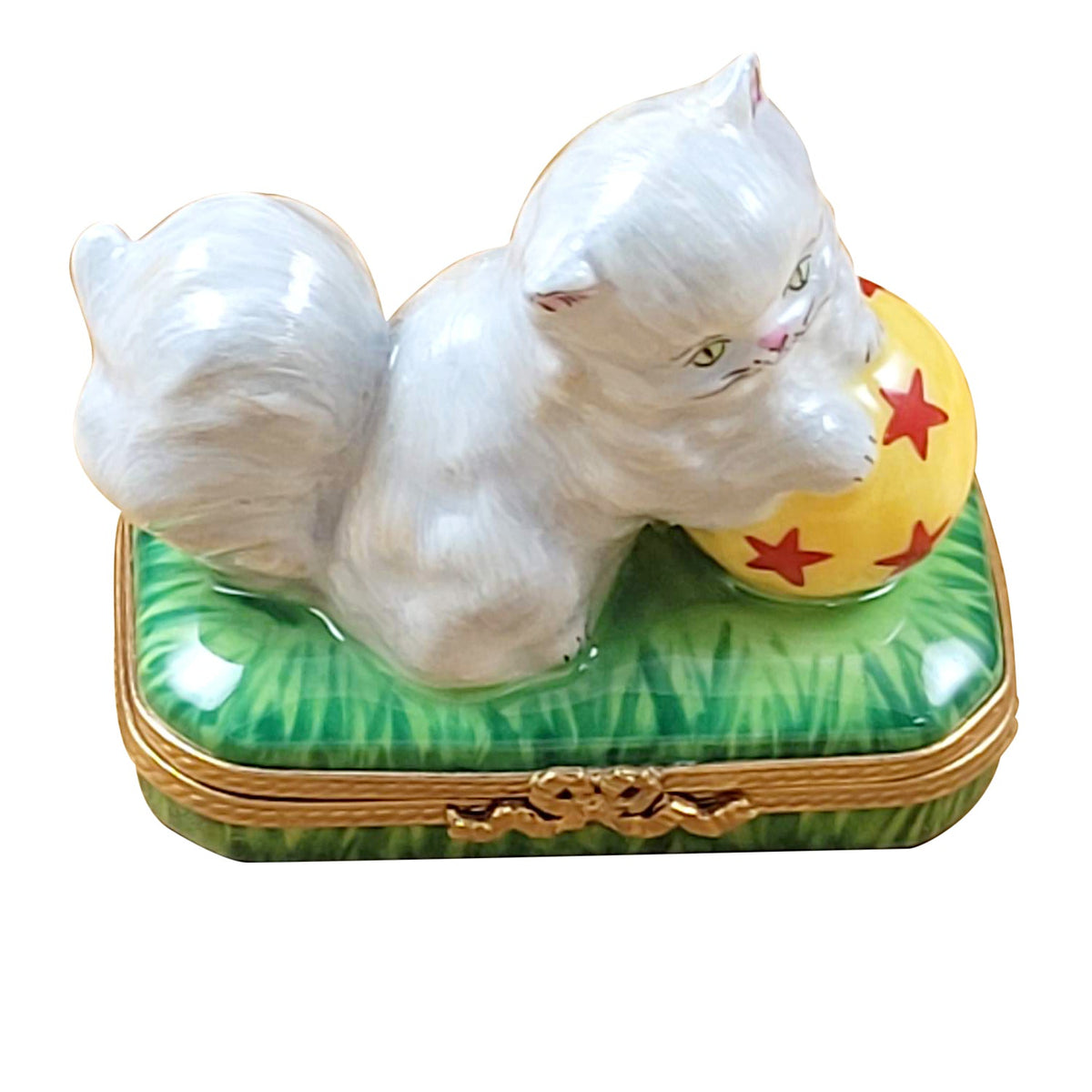 White Persian Cat w Ball Limoges Box for Cat Lovers, a hand-painted Limoges porcelain gift