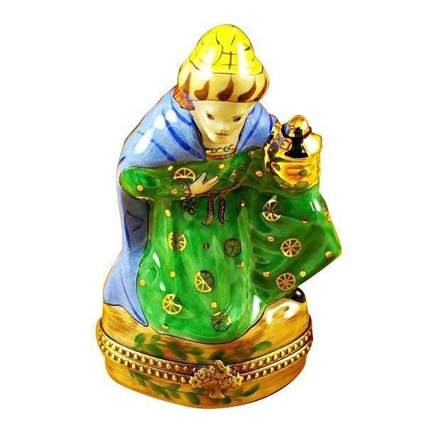 Wiseman Green Coat Limoges Box for Decor, a hand-painted Limoges porcelain gift