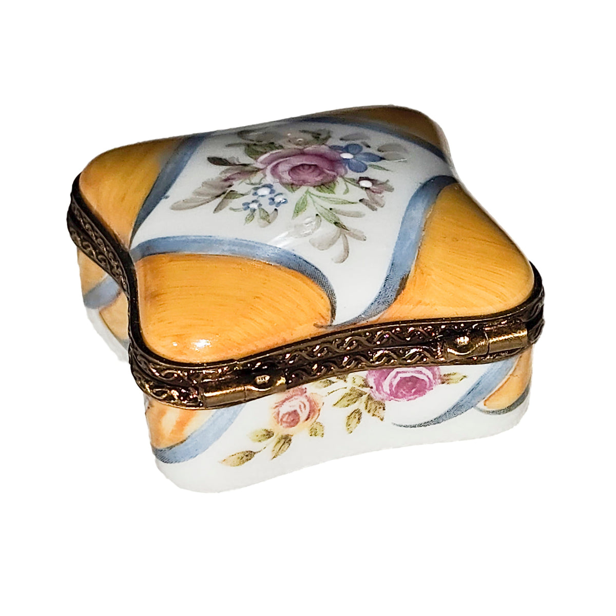 Yellow Scalloped Square w Flowers Limoges Box for Decor, view 4