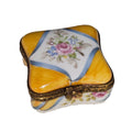 Yellow Scalloped Square w Flowers Limoges Box for Decor, a hand-painted Limoges porcelain gift