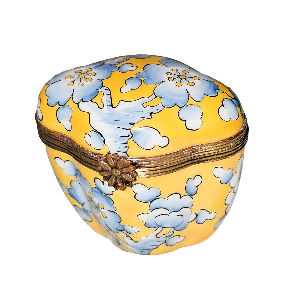 Yellow Scalloped Tall w Blue Flowers Limoges Gift Box, a hand-painted Limoges porcelain gift